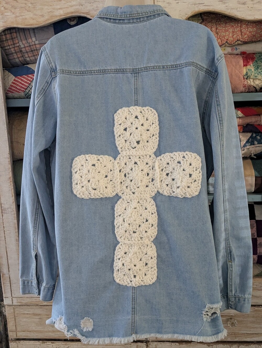 Light Blue Denim Jeans Jacket with White Crochet Cross Accent